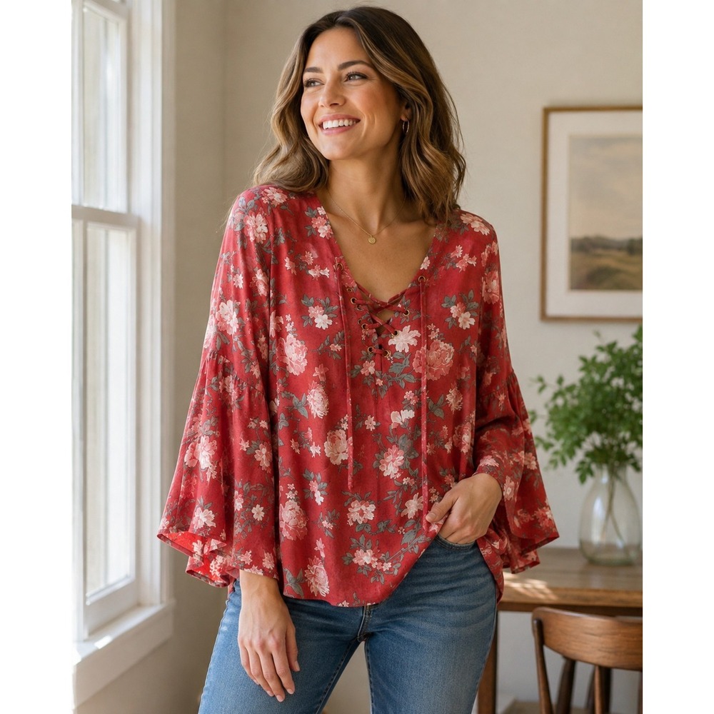 Womens Medium Floral Lace Up Blouse Bell Sleeves Light Flowy Boho Peasant Top